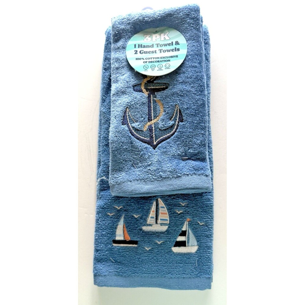 Anchor Sailboats Sea Turtle Embroidered Summer Blue 2 Fingertip 1 Hand Seagulls
